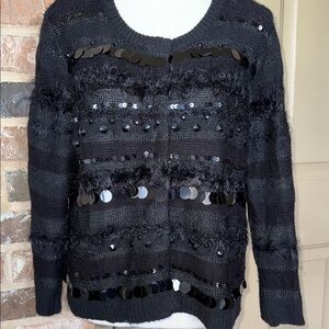 Ruby Rd Black Sequin & Bead Mixed Texture Cardigan Sweater Fuzzy Stripe Sz LG